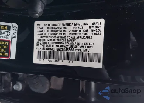 2012 Honda Cr-V Lx from USA, damaged, VIN 5J6RM3H36CL046568